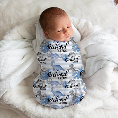 Personalized Blue And Gray Dinosaur Swaddle Blanket - Easy Basic Creations