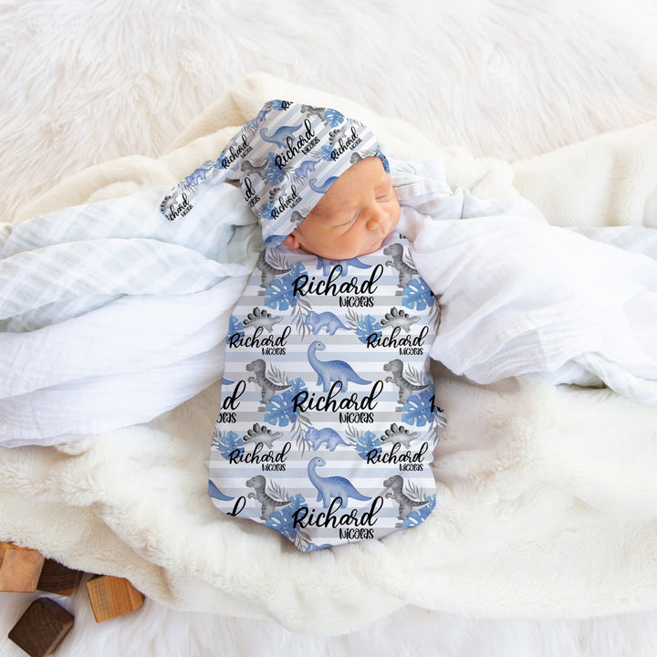 Personalized Blue And Gray Dinosaur Swaddle Blanket Easy Basic Creations