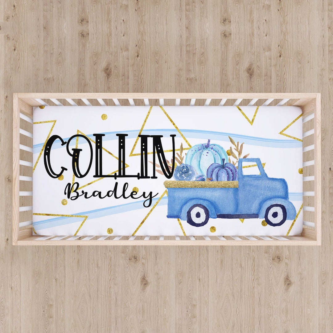 Blue Truck Pumpkin Patch Custom Name Crib Sheet Easy Basic Creations