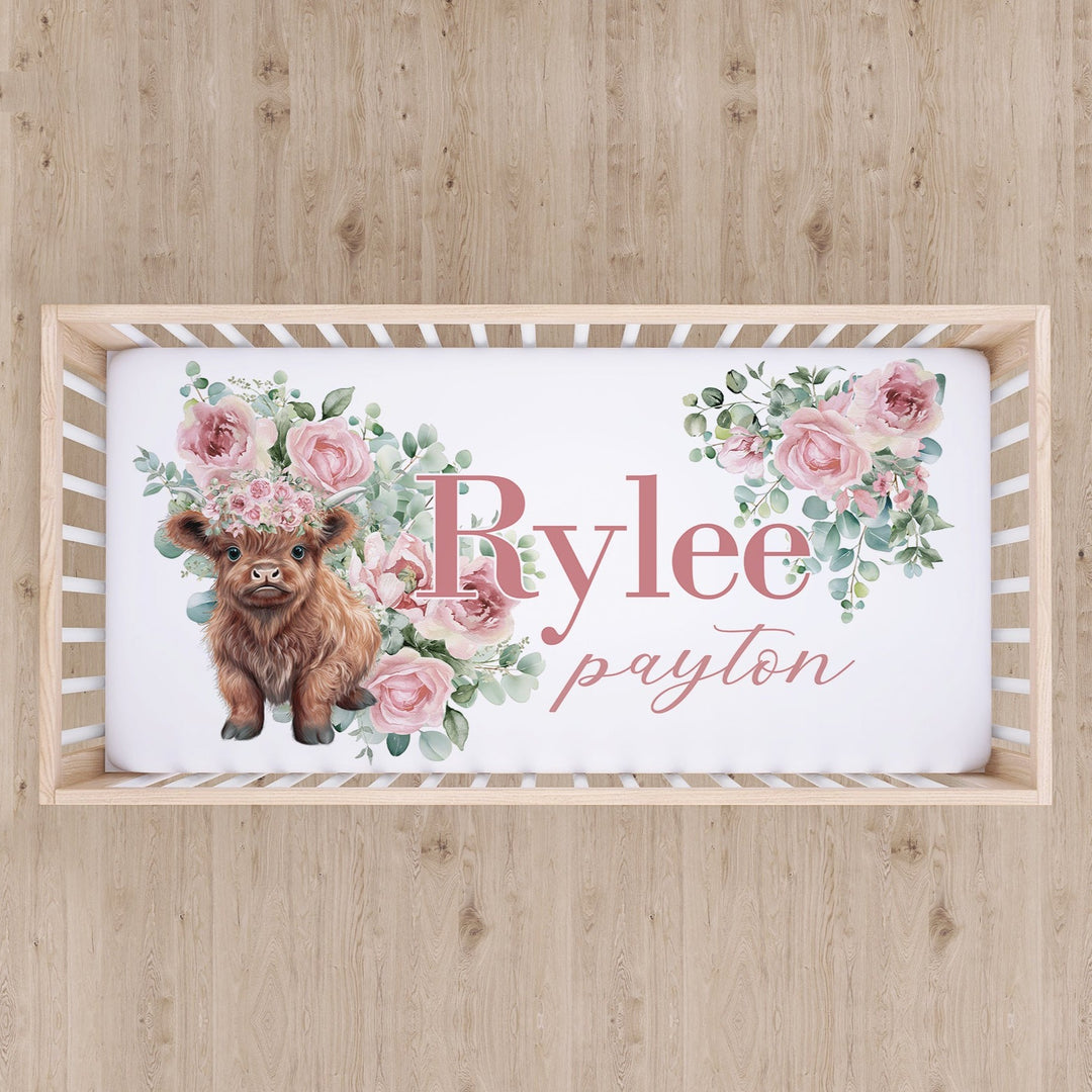 Floral Highland Cow Custom Name Crib Sheet Easy Basic Creations