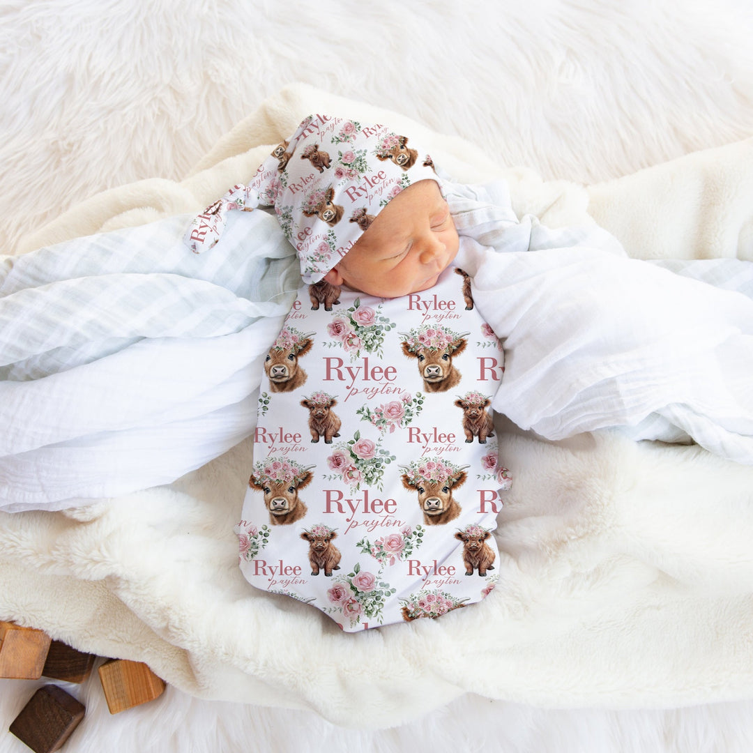 Floral Highland Cow Swaddle Blanket Easy Basic Creations