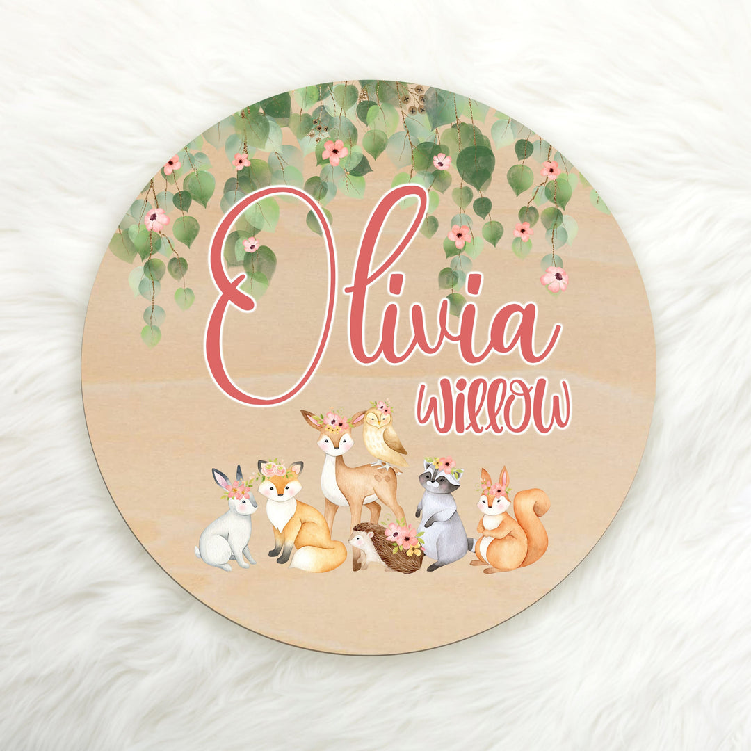 Floral Woodland Animal Custom Name Wood Round Easy Basic Creations