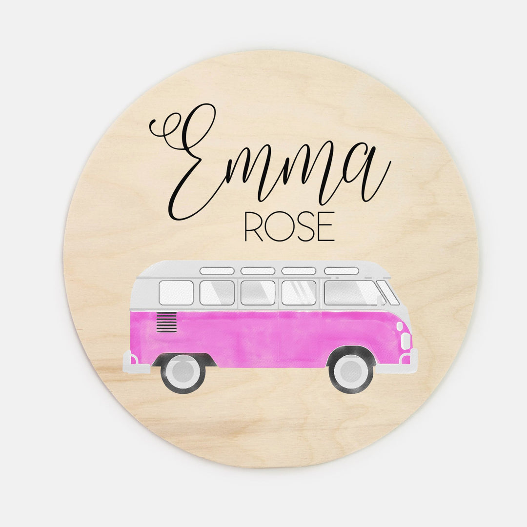 Hippie Van Custom Name Wood Round Easy Basic Creations