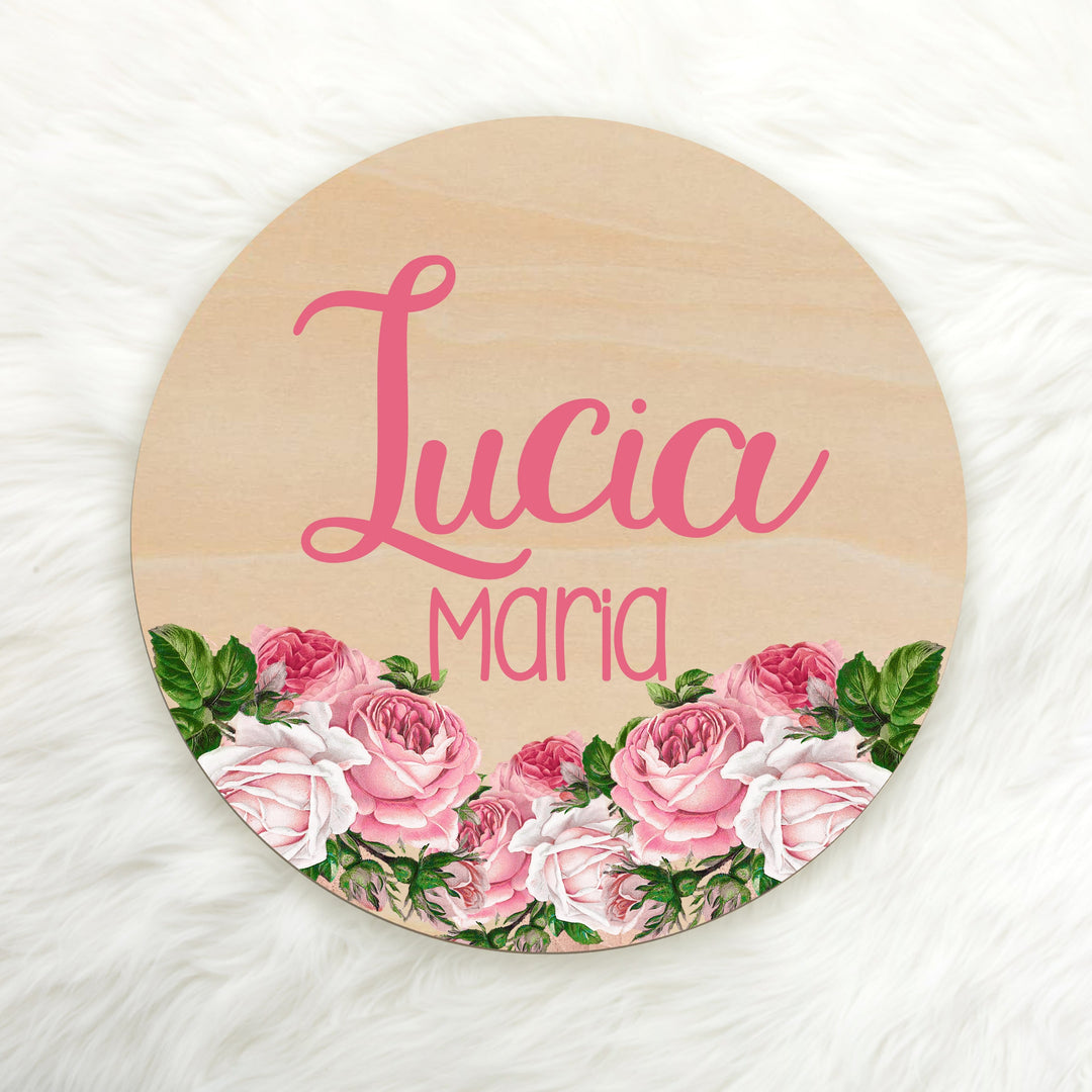 Pink Rose Garden Custom Name Wood Round Easy Basic Creations