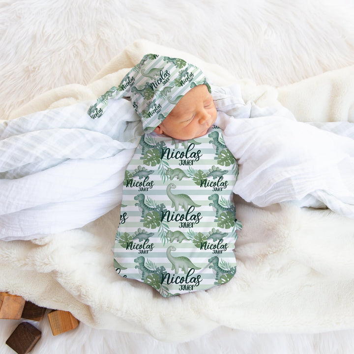 Personalized Sage Dinosaur Swaddle Blanket Easy Basic Creations