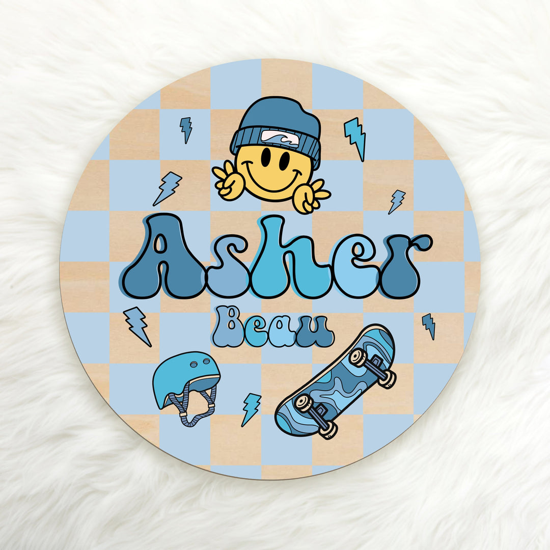 Skater Smiley Face Custom Name Wood Round Easy Basic Creations