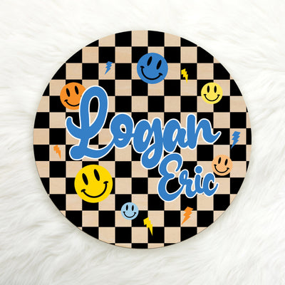 Smiley Face Checkerboard Custom Name Wood Round Easy Basic Creations