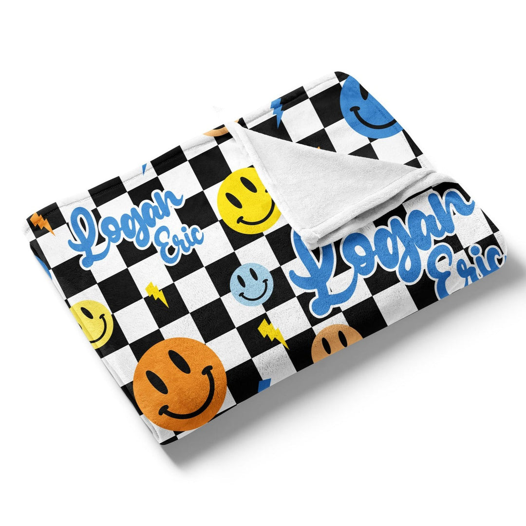 Smiley Face Checkerboard Custom Name Blanket Easy Basic Creations