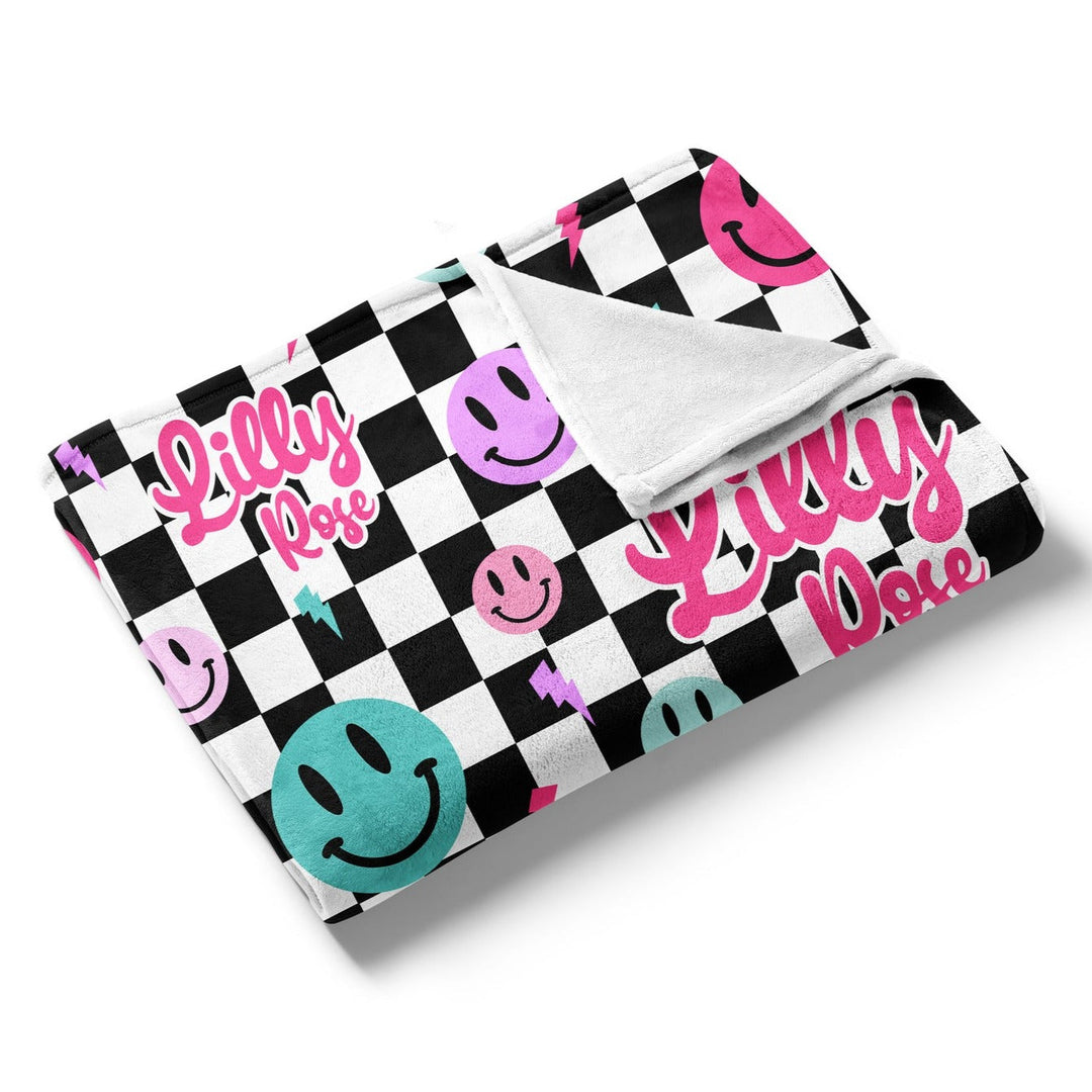 Smiley Face Checkerboard Custom Name Blanket Easy Basic Creations