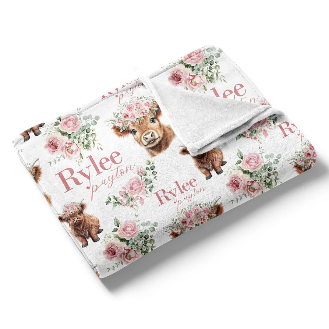 Floral Highland Cow Custom Name Blanket Easy Basic Creations