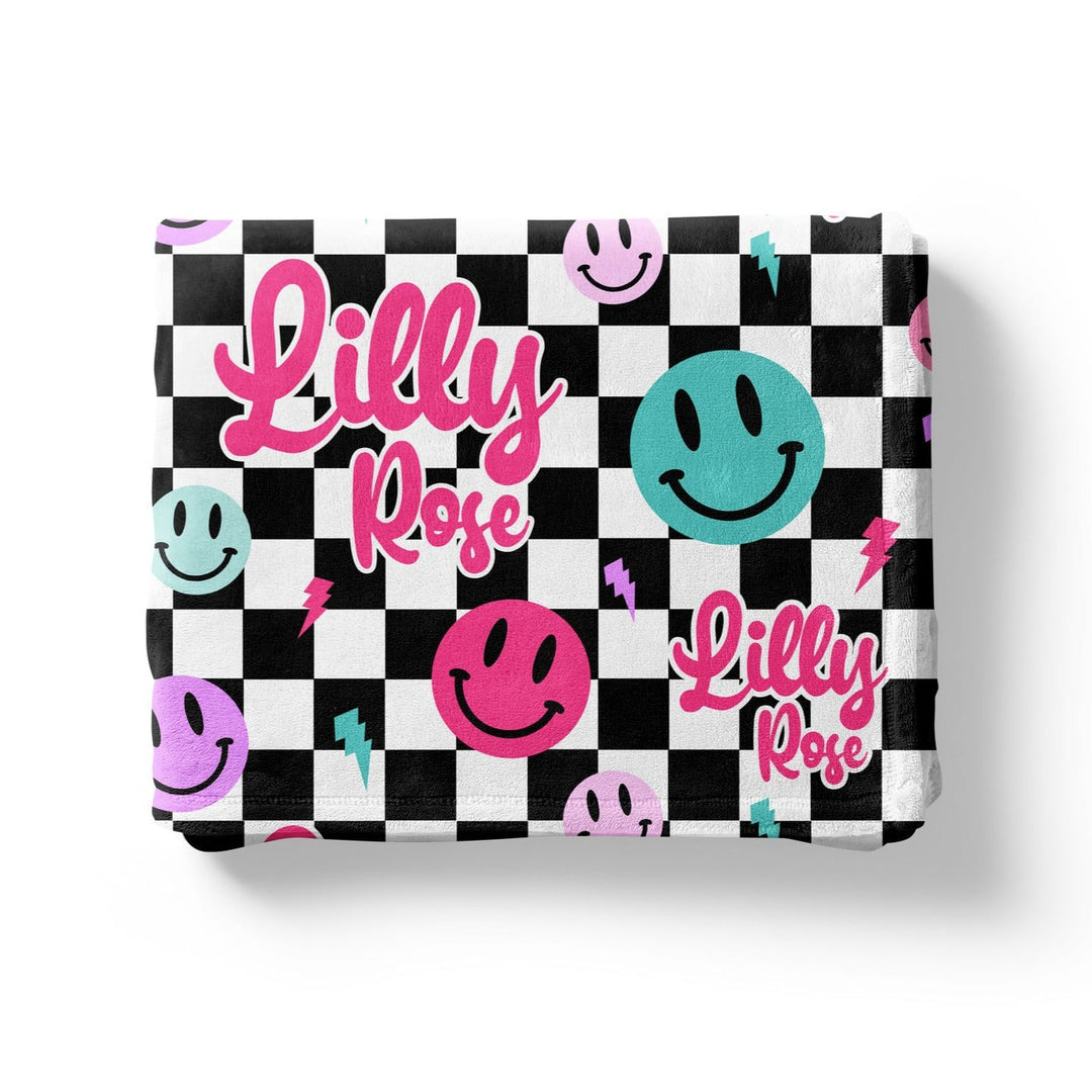 Smiley Face Checkerboard Custom Name Blanket Easy Basic Creations