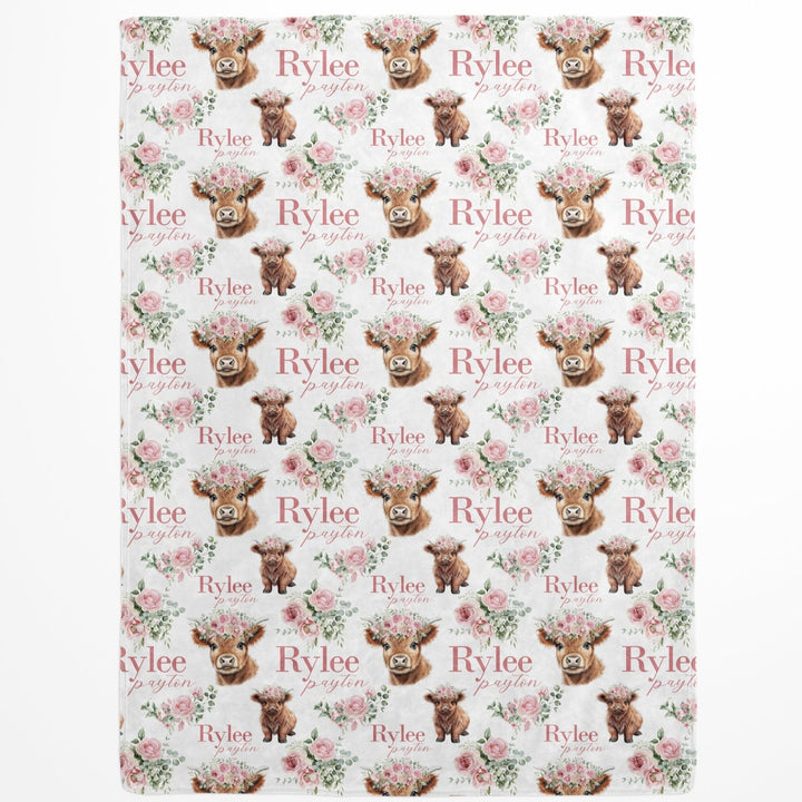 Floral Highland Cow Custom Name Blanket Easy Basic Creations