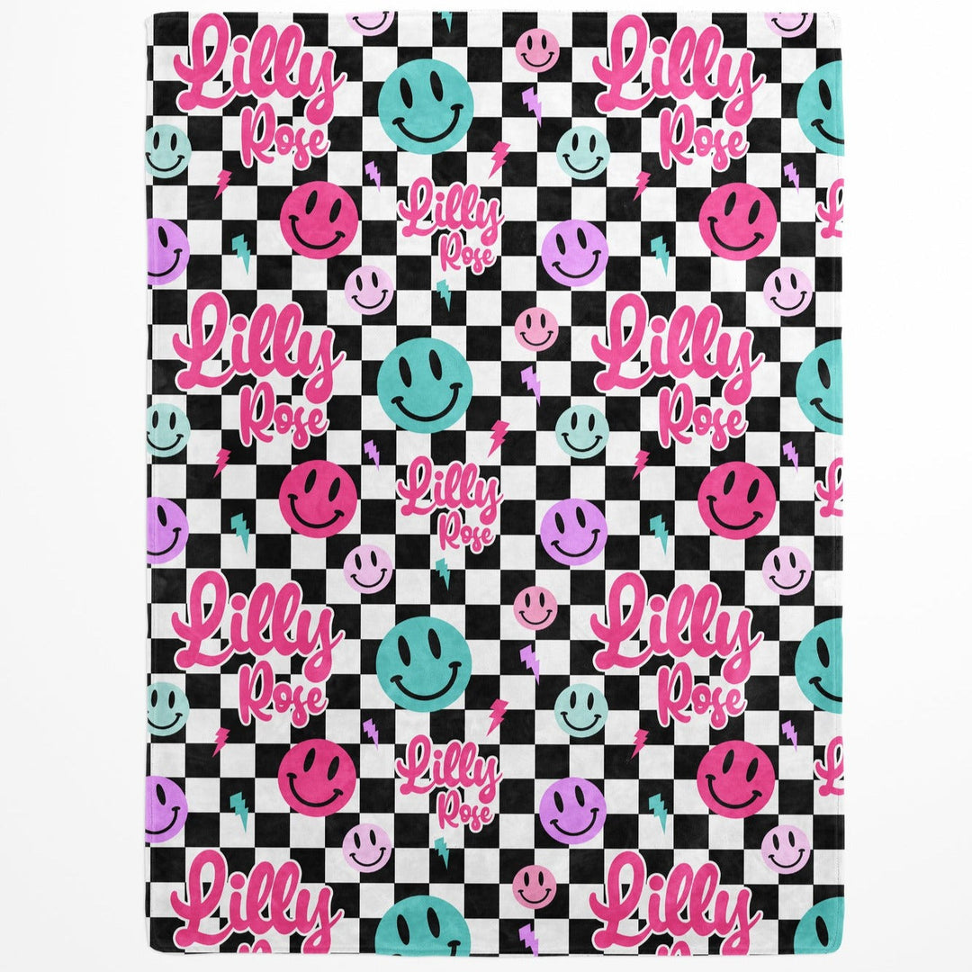 Smiley Face Checkerboard Custom Name Blanket Easy Basic Creations