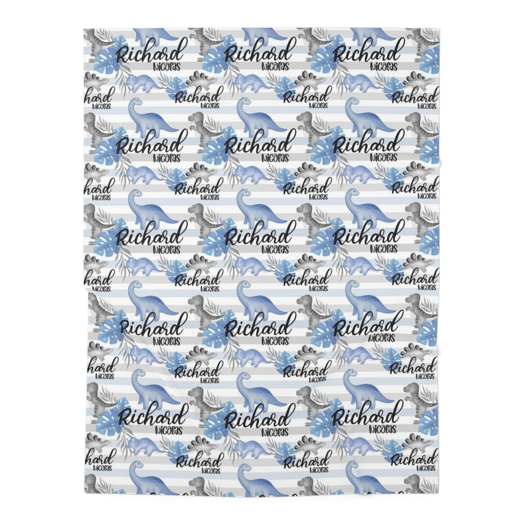 Personalized Blue And Gray Dinosaur Swaddle Blanket - Easy Basic Creations