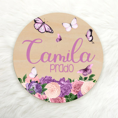 Purple Butterfly Garden Custom Name Wood Round Easy Basic Creations