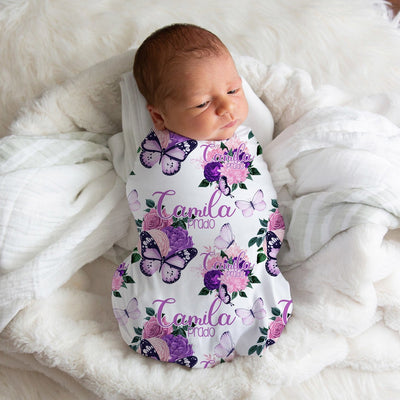 Personalized Purple Butterfly Garden Swaddle Blanket - Easy Basic Creations